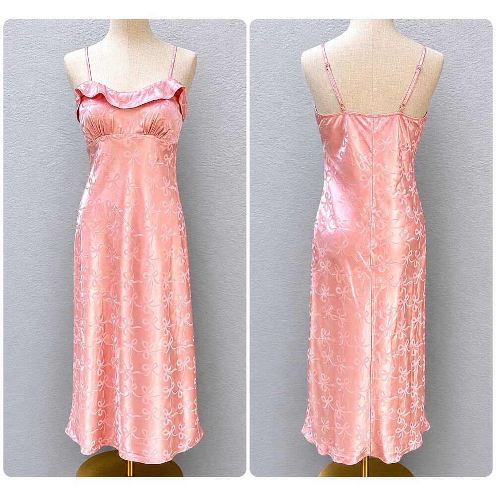 Pink Satin Jacquard Midi Slip Dress in Bow Pattern
